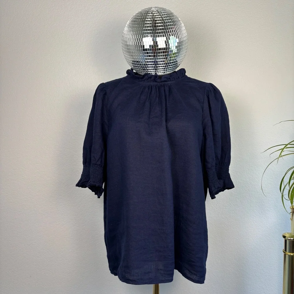 J.Crew 100% Linen Smocked Puff Sleeve Ruffle Top, Medium Navy Blue Preppy office
